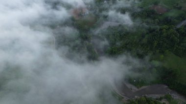 Aerial view of the road in the forest with fog and cloud clipart