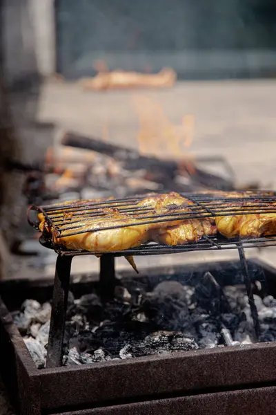 Meyveli, baharatlı tavuk parçaları kızgın kömürlerin üzerinde ızgarada mükemmelce kızartılıyor ve kırsal bir açık hava barbekü deneyiminin özünü yakalıyor..