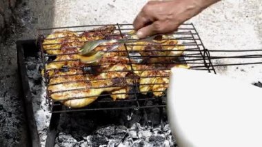 Yaşlı bir adam sulu ızgara yapar, baharatlı tavuk parçaları kızgın kömürlerin üzerinde ızgarada mükemmelce kızarır, kırsal bir açık hava barbekü deneyiminin özünü yakalar..