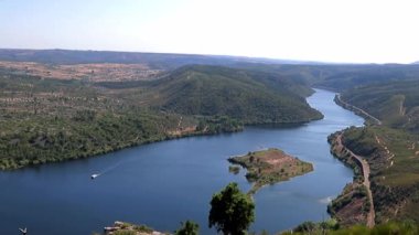 Breathtaking aerial view of the winding Tejo River flowing through lush green hills in August. Serene and panoramic view of extensive landscape in Vila Velha de Rodao, Portugal