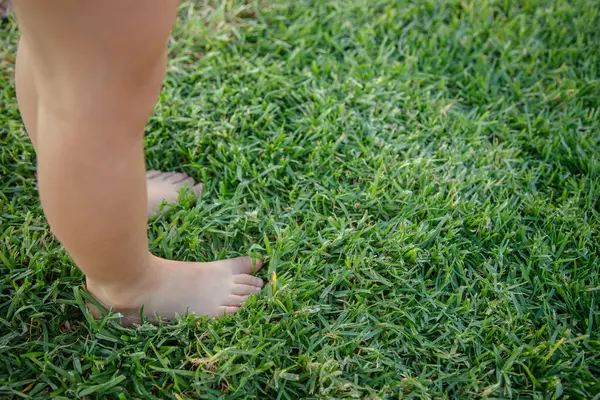 Bir çocuk taze yeşil çimenlerde yalınayak yürümenin basit zevkini yaşar. Doğayla bir bağ anı, ayaklarının altındaki toprağın dokusunu, sıcaklığını ve enerjisini hissetmek..