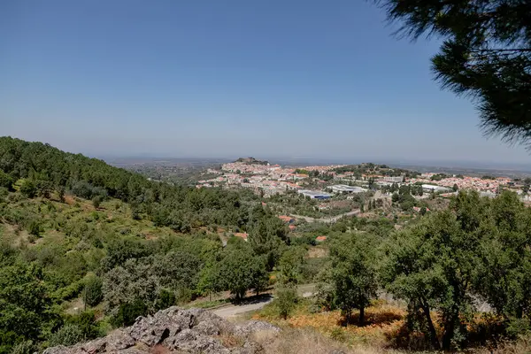 Portekiz 'in Alentejo kentindeki tarihi bir köy olan Castelo de Vide' nin panoramik manzarası, ortaçağ şatosu ve kırmızı çatılı beyaz evleri aydınlatarak, manzaralı bir yaz günü çekildi..