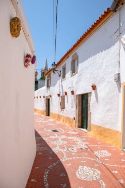 Ağustos 2024 'te Nisa, Portalegre, Alentejo, Portekiz' de çekilen bu sakin sokakta teras ve mermerden yapılmış geleneksel çiçek desenli kaldırımlar yerel işçiliği yansıtıyor..