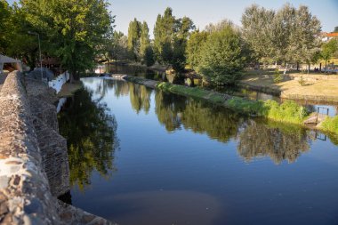 Huzurlu bir nehir sahnesinde küçük bir taş baraj var. Suyu yavaşça kenardan dökülüyor. Etrafı yeşilliklerle çevrili ve güneş ışığını yansıtıyor. Serta, Portekiz.
