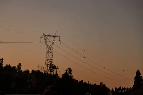 Portekiz 'de gün batımında yüksek voltaj iletim kulesinin silueti bir yolculuk sırasında ele geçirildi. Sersemletici bir manzara altyapıyı serin bir akşam gökyüzüne vurguluyor..