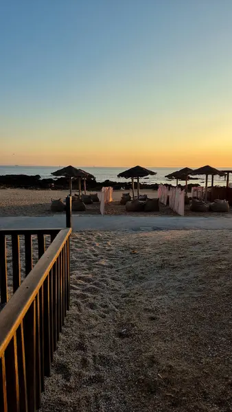 Portekiz 'in Porto kentindeki Homem do Leme plajında 8 Temmuz 2025' te, siluetli plaj şemsiyelerini ve turnaları altın gökyüzüne karşı göstererek Atlantik Okyanusu kıyısında huzurlu bir tatil akşamını görüntülediler..