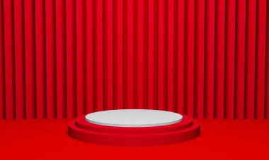 Kırmızı çizgili arka planda 3D podyum sahnesi