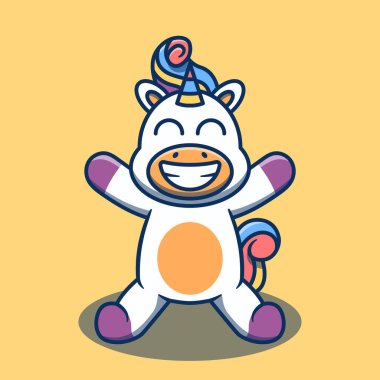 Şirin, mutlu tek boynuzlu at karakteri maskotu çizimi. Düz çizgi film biçimi.