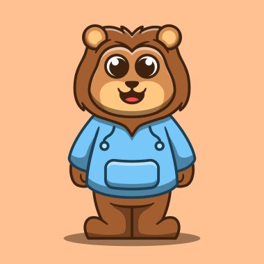 Şirin aslan maskotu çizimi. Düz çizgi film biçimi.