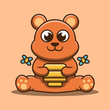 Tatlı ayı maskotu bal vektörü çizimine sarılıyor. Düz çizgi film biçimi.