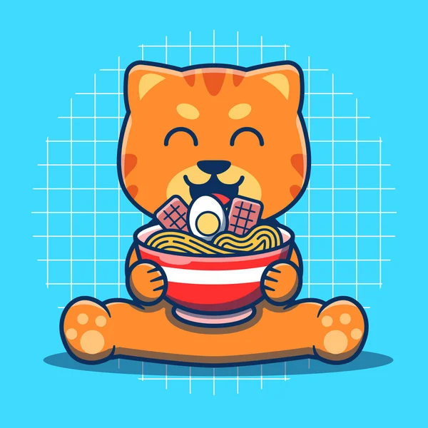 Stock vector Cute cat eating ramen noodle cartoon vector illustration.