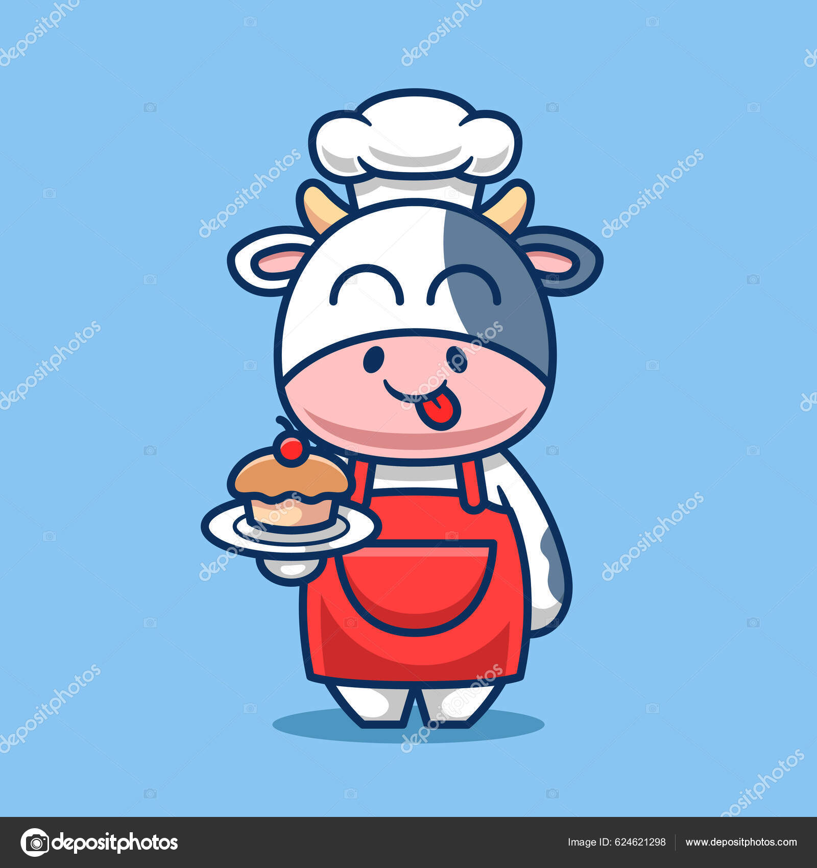 Koki Sapi Lucu Dengan Kue Tangan Gambar Vektor Kartun Vektor Stok oleh