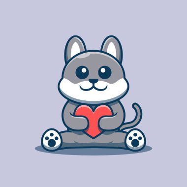 Sevimli köpek maskotu elinde kalp vektörü çizimi tutuyor.