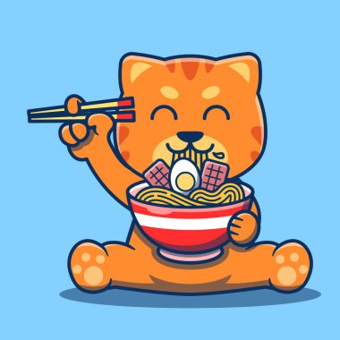 Şirin kedi logosu yemek çubuklarıyla ramen yiyor.