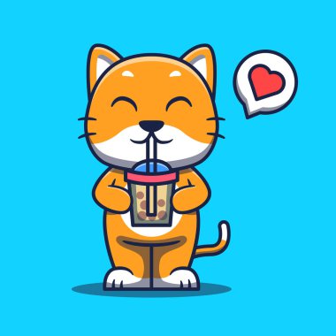 Cute Cat Mascot Drinking Boba Cartoon Illustration.