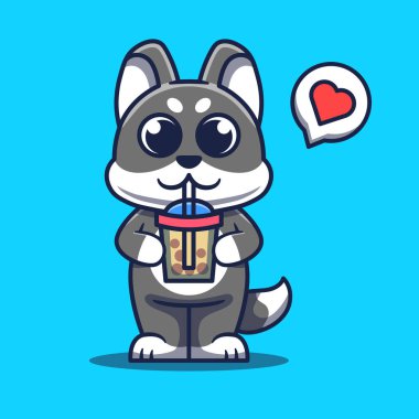 Cute Dog Mascot Drinking Boba Cartoon Illustration.