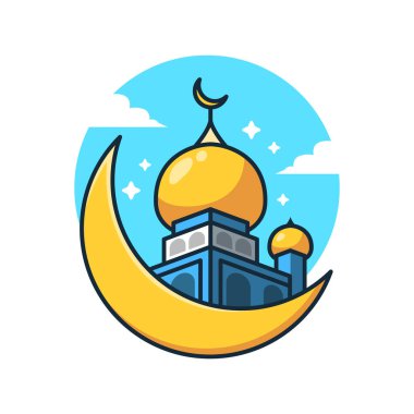 The Moon Cartoon Vektor Illustration 'daki camii. Ramazan için Vektör.