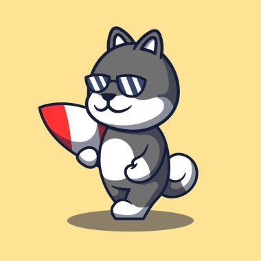 Şirin Köpek Karakteri Yürüyen Sörf Bekleme Çizgi Filmi Vektör İllüstrasyonu