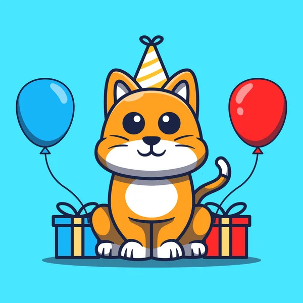 ギフト 誕生日の風船で誕生日を祝うかわいい猫 漫画ベクトルイラスト — ストックベクタ