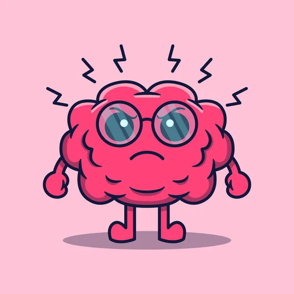 Cute Cartoon Smart Human Brain Character Glasses Angry Concept — Stock Vector