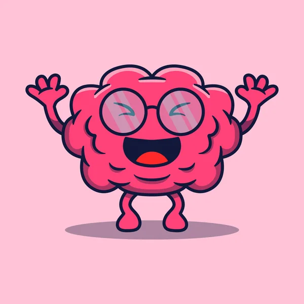 Vector Cute Cartoon Character Smart Human Brain Happy Glasses — Stock Vector