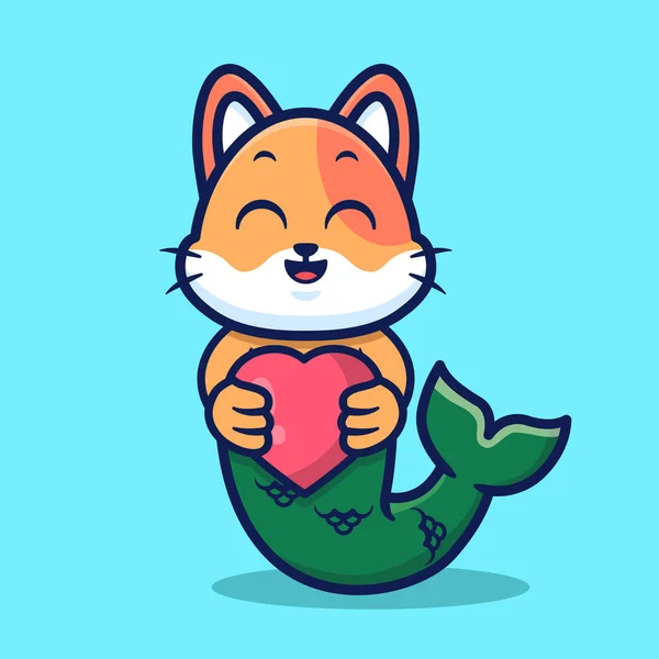 Sevimli Denizkızı Kedi Elinde Bir Kalp Çizgi Filmi Çizimi Taşıyor — Stok Vektör