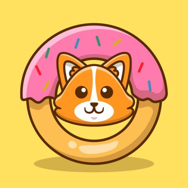 Şirin Corgi Köpek Donut Vektörü Çizgi Film İllüstrasyonu