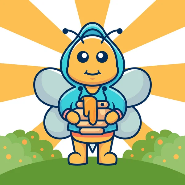 Cute Bee Wearing Jacket Holding Honey Vector Cartoon Illustration — Stock Vector