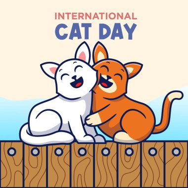 Uluslararası Kedi Günü Vektör Çizgi Film İllüstrasyonu. Sevimli Kedi Birbirlerine Sarılıyor Çizgi Film Kavramı.