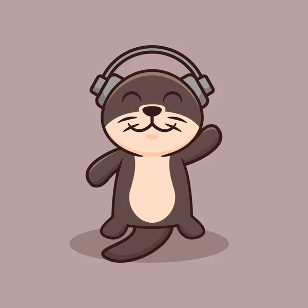 Cute Otter Headphone Cartoon Vector Illustration Animal Nature Isolated Flat — Stock Vector