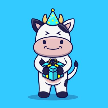 Şirin İnek Tutma Hediye Vektörü Çizgi Filmi İllüstrasyonu