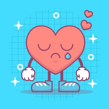 Kalp komik çizgi film karakteri üzgün. Sevgililer günün kutlu olsun. Romantik maskot. düz Vektör illüstrasyonu.