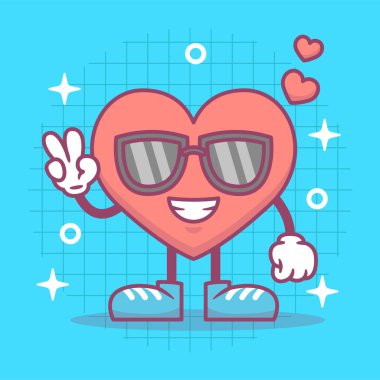 Kalp komik çizgi film karakteri güneş gözlüğü takıyor. Sevgililer günün kutlu olsun. Romantik maskot. Düz Vektör illüstrasyonu.