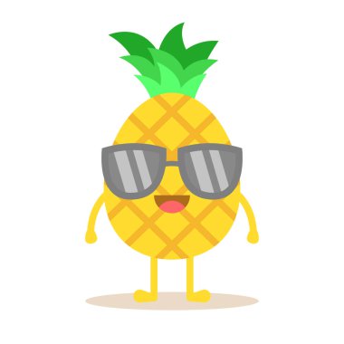 Güneş gözlüğü takan sevimli ananas çizgi film karakteri. Beyaz arka planda izole edilmiş Şirin Meyve Meyvesi.