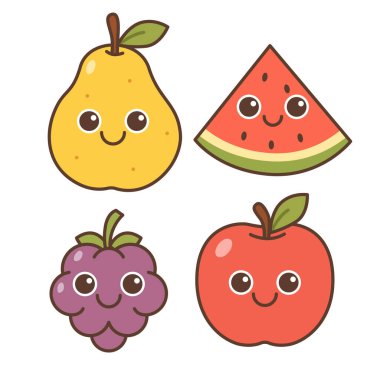 Şirin Çizgi Film Karakteri. Armut, Üzüm, Karpuz ve Elma Meyveleri.