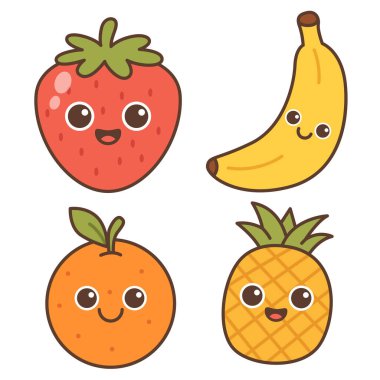 Şirin Meyveler Çizgi Film Vektör İllüstrasyonu, Çilek, Muz, Portakal ve Ananas