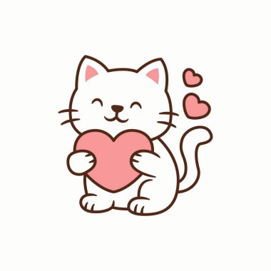 Pembe kalp taşıyan sevimli beyaz kedi, Kawaii çizgi film tarzı çocuklar ve Sevgililer Günü tasarımı.