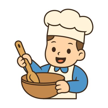 Kaşıkla kase karıştıran, şef şapkası ve önlüğü takan sevimli şef çocuk. İşçi Bayramı 'nda aşçıları kutlamak için harika tasarımlar..