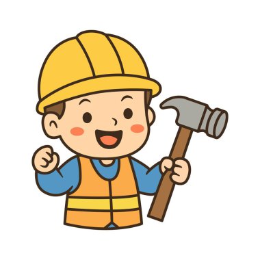 Çekiç tutan, gülümseyen, sarı bir şapka ve güvenlik yeleği giyen sevimli çizgi film yapımcısı çocuk. İşçi Bayramı kutlama tasarımları için mükemmel..