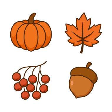 Tatlı sonbahar balkabağı, akçaağaç yaprağı, böğürtlen ve meşe palamudu seti. Mevsimlik projeler için ideal.