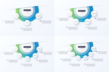 Daire Infographic tasarım şablonu. 3455, 6 seçenek. Vektör illüstrasyonu.