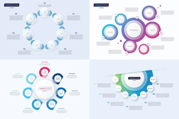 Yedi Seçenekli Çember Infografik Tasarım Şablonları Seti Vektör Illüstrasyonu — Stok Vektör
