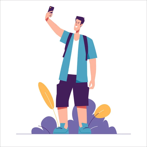 Ilustración Vectorial Hombre Viajero Turístico Con Mochila Tomando Selfie — Vector de stock