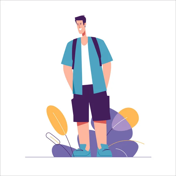 Vector Illustration Standing Man Tourist Traveler Backpack — Stock Vector