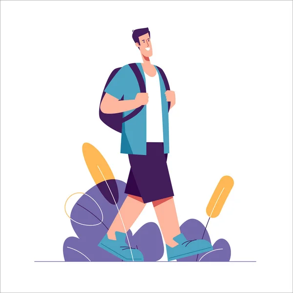 Vector Illustration Walking Man Tourist Traveler Backpack — Stock Vector