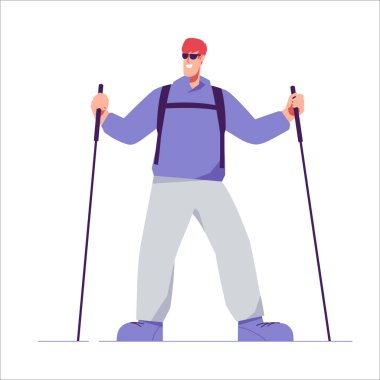 Sırt çantalı, ayakta duran bir adam yürüyüşçüsünün vektör çizimi.