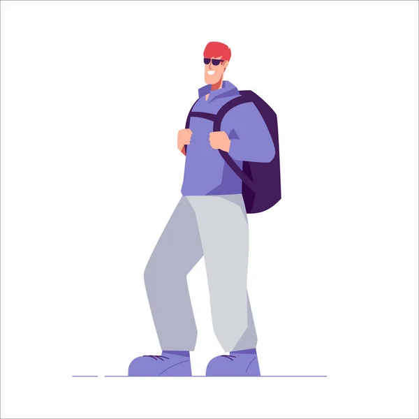 Vector Illustration Standing Man Hiker Backpack — Stock Vector
