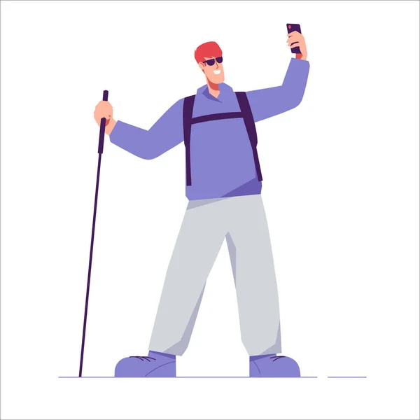 Vector Illustration Man Hiker Backpack Taking Selfie — Stock Vector