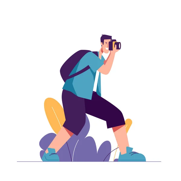 Vector Illustration Man Tourist Traveler Backpack Taking Photo Camera — Stock Vector
