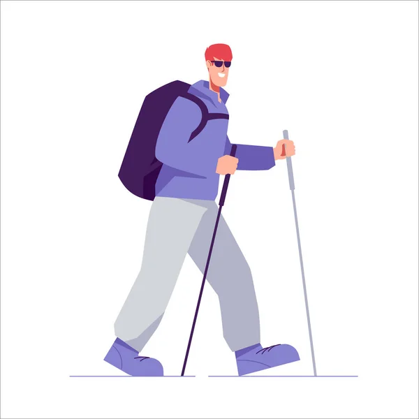 Vector Illustration Walking Man Hiker Backpack — Stock Vector